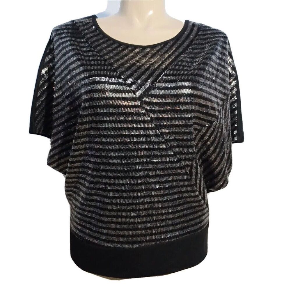 NWT NY COLLECTION Top XL Black Sequin Front Dolman Short Sl Blouse Party